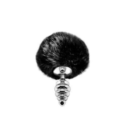 Metal anal plug with rabbit tail Alive Fluffy Twist Plug S Black, diameter 2.9 cm