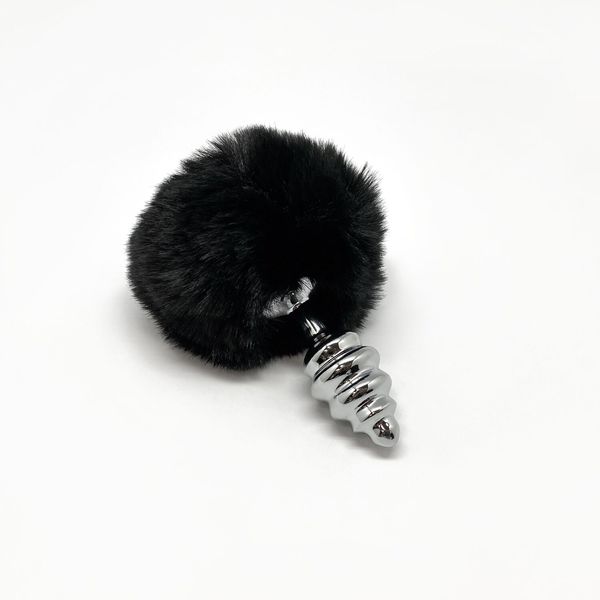 Metal anal plug with rabbit tail Alive Fluffy Twist Plug S Black, diameter 2.9 cm