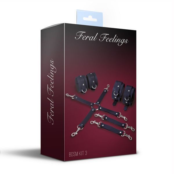 Feral Feelings BDSM Kit 3 Black, handcuffs, leggings, and cross guard