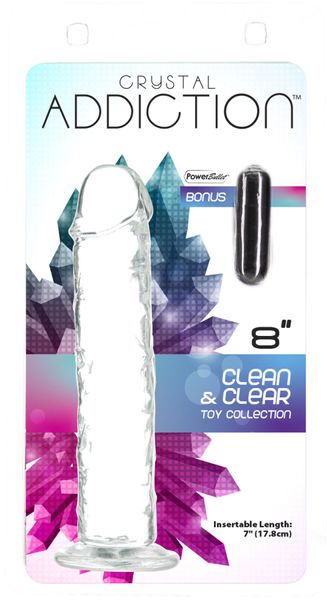 Transparent dildo ADDICTION Vertical Dong 8″, suction cup, diameter 3.8 cm, vibrating bullet included