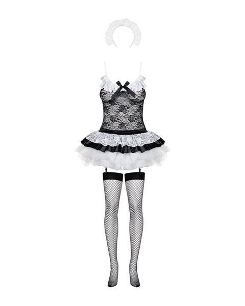 Erotic Maid Costume with Skirt Obsessive Housemaid 5 Piece Costume L/XL, Black and White, Top with Suspender