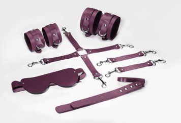 Feral Feelings BDSM Kit 5 Burgundy, handcuffs, leggings, cross guard, mask, paddle