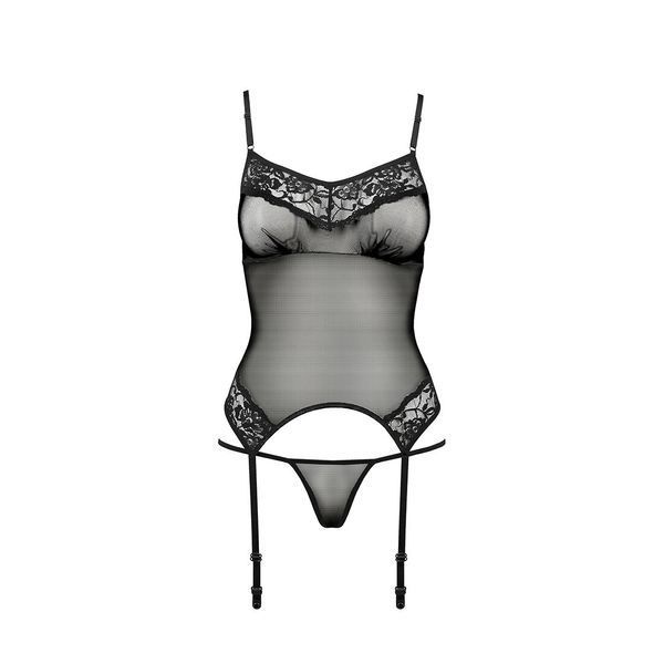 Корсет с пажами Passion MELANIA CORSET L/XL, black, трусики, полупрозрачный EL16307 фото