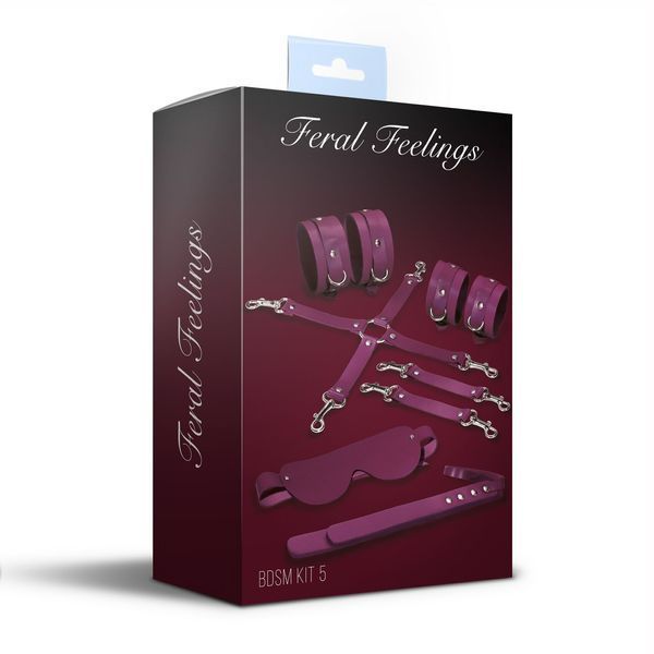 Feral Feelings BDSM Kit 5 Burgundy, handcuffs, leggings, cross guard, mask, paddle