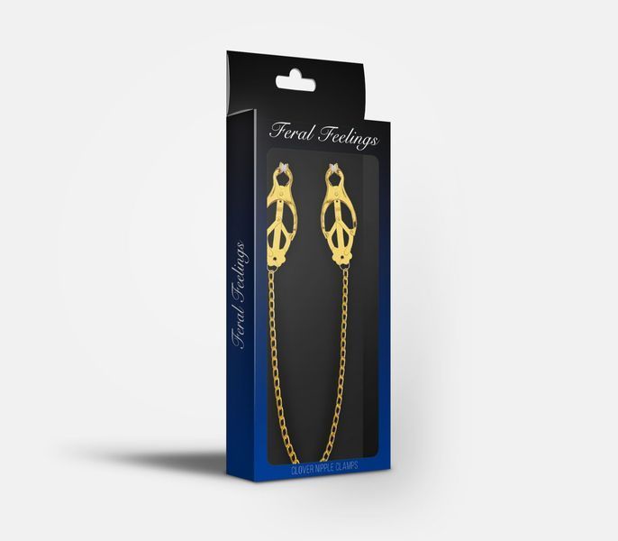 Feral Feelings Clover Nipple Clamps with Chain, Gold/White