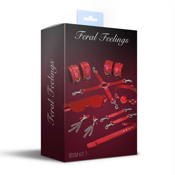 Feral Feelings BDSM Kit 7 Red, handcuffs, leggings, connector, mask, paddle, gag, clamps