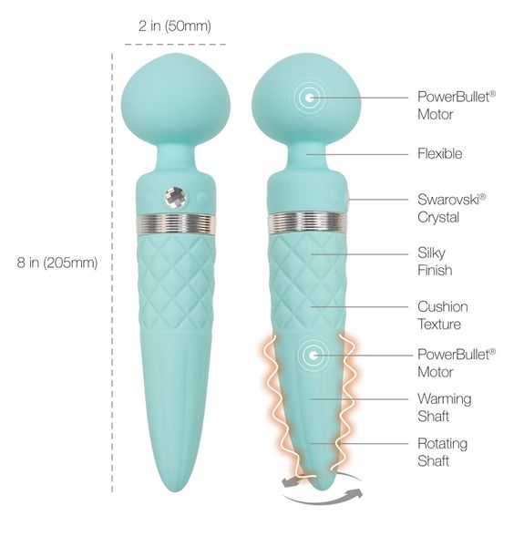 2-in-1 PILLOW TALK Vibrator - Sultry Teal, classic massager and vibrator with rotation, heating