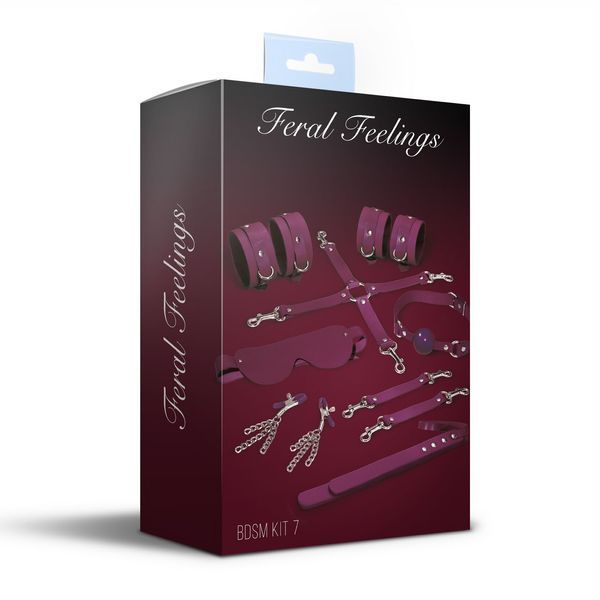 Feral Feelings BDSM Kit 7 Burgundy, handcuffs, leggings, connector, mask, paddle, gag, clamps