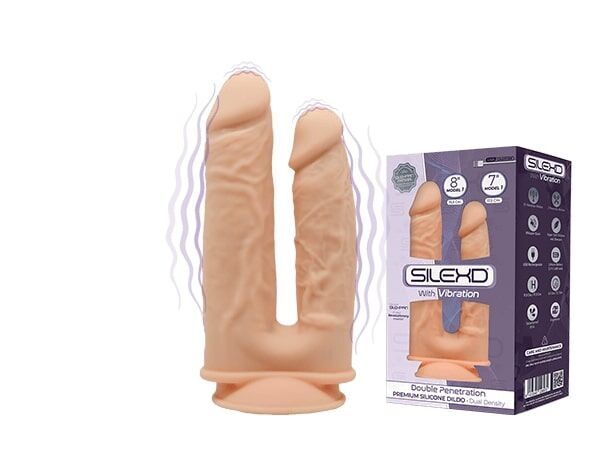 Vibrating double-ended dildo SilexD Double Gusto Flesh Motor (Model 1 size 8" & 7"), dual-layered