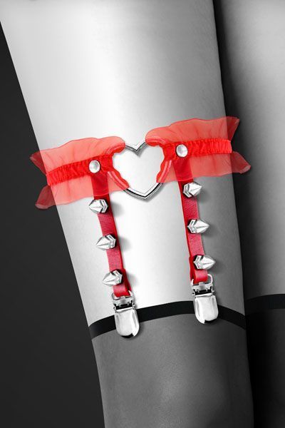 Bijoux Pour Toi WITH HEART AND SPIKES Red leg garter with heart and spikes, sexy garter, eco leather