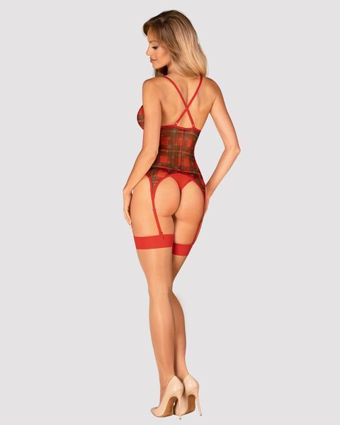 Корсет Obsessive Jollymore corset, XS/S, в клетку, с кружевом, пажи для чулок, стринги в комплекте SX1149 фото