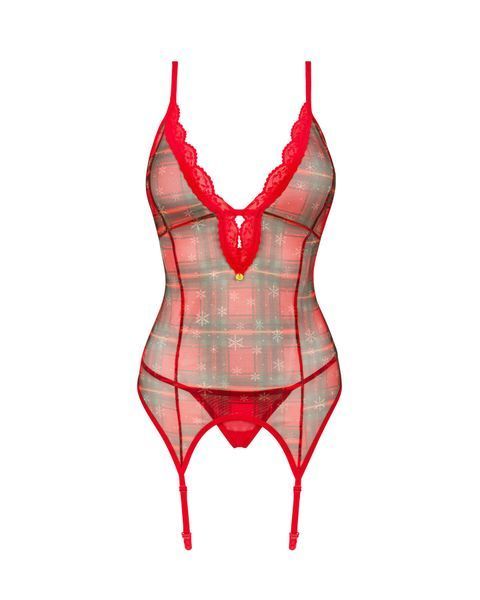 Корсет Obsessive Jollymore corset, XS/S, в клетку, с кружевом, пажи для чулок, стринги в комплекте SX1149 фото