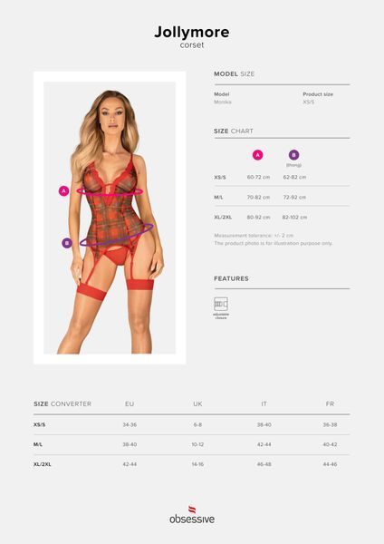 Корсет Obsessive Jollymore corset, XL/2XL, в клетку, с кружевом, пажи для чулок, стринги в комплекте SX1151 фото