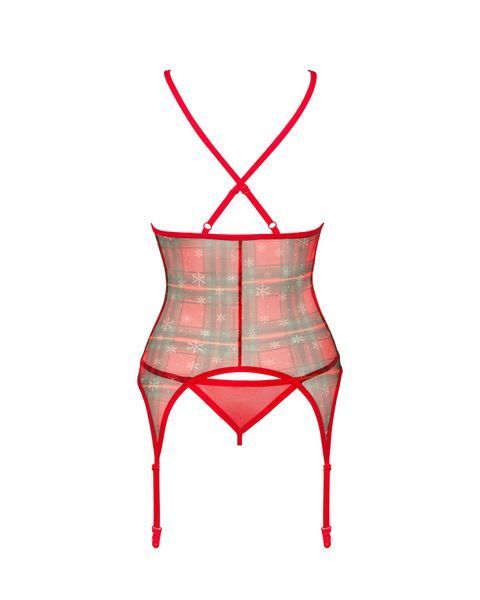Корсет Obsessive Jollymore corset, XL/2XL, в клетку, с кружевом, пажи для чулок, стринги в комплекте SX1151 фото