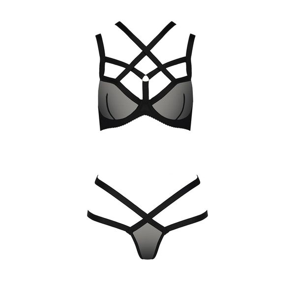 Mesh lingerie set with straps Passion HAGAR SET L/XL Black, bra, thong