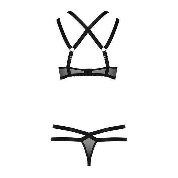 Mesh lingerie set with straps Passion HAGAR SET L/XL Black, bra, thong