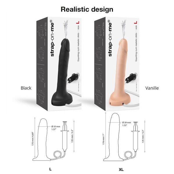 Ejaculating dildo Strap-On-Me Squirting Cum Dildo Realistic Black, diam. 3.5 cm, silicone