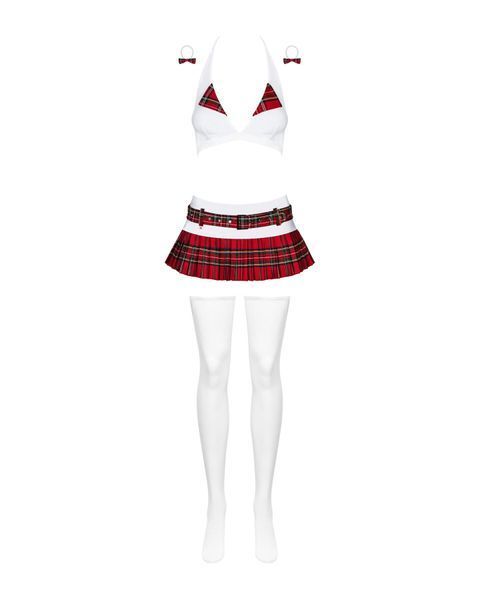 Еротичний костюм школярки з мініспідницею Obsessive Schooly 5pcs costume L/XL, біло-червоний, топ, с SO7305 фото