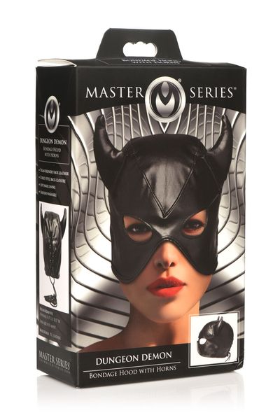 Master Series Dungeon Demon Bondage Mask with Horns Black