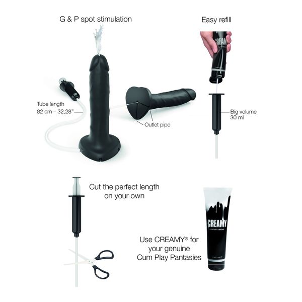 Ejaculating dildo Strap-On-Me Squirting Cum Dildo Realistic Black, diam. 3.9 cm, silicone