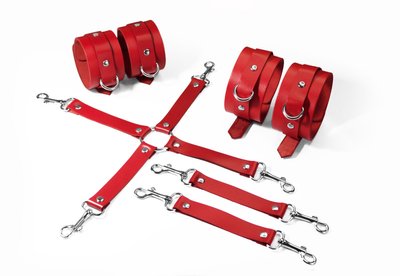 Feral Feelings BDSM Kit 3 Red, leather, includes cuffs, ankle restraints, and connector