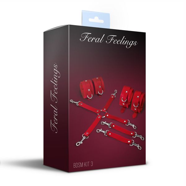 Feral Feelings BDSM Kit 3 Red, leather, includes cuffs, ankle restraints, and connector