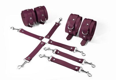 Feral Feelings BDSM Kit 3 Burgundy, leather, includes cuffs, ankle restraints, and connector