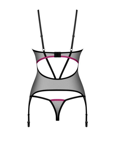 Корсет Obsessive Novenes corset & thong, XS/S, прозорий, відкрита спина, стрінги в комплекті SX0613 фото