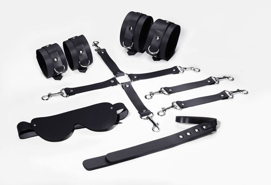 Feral Feelings BDSM Kit 5 Black, leather, includes cuffs, ankle restraints, connector, mask, paddle