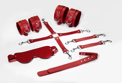 Feral Feelings BDSM Kit 5 Red, leather, includes cuffs, ankle restraints, connector, mask, paddle