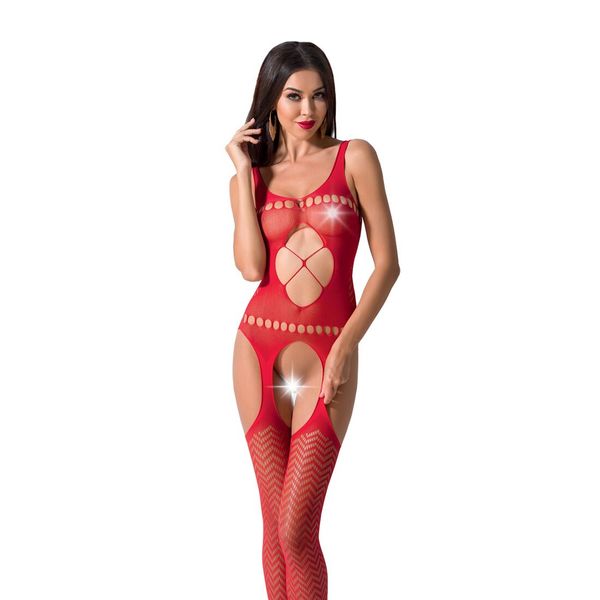 Bodystocking Passion BS057 red, jumpsuit, stocking and garter belt imitation