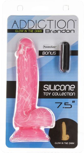Glow-in-the-dark dildo ADDICTION - BRANDON - 7.5" - PINK G.I.D. /W PB, 19 cm, silicone
