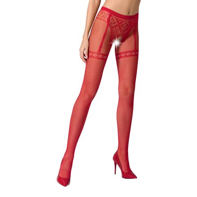 Pantyhose-bodystocking Passion S012 One Size, Red, stocking and garter belt imitation with lace panties