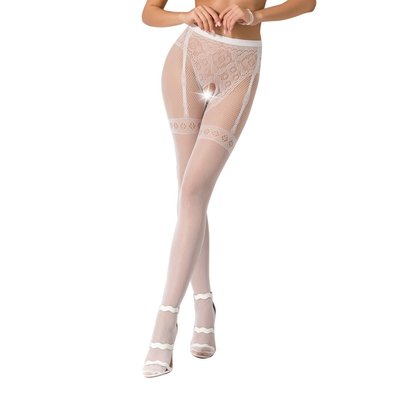 Pantyhose-bodystocking Passion S012 One Size, White, stocking and garter belt imitation with lace panties