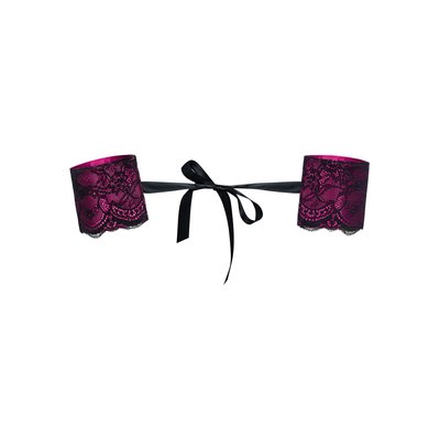 Satin ribbon handcuffs Obsessive Roseberry cuffs, pink, adorned with lace