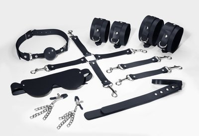 Feral Feelings BDSM Kit 7 Black, includes cuffs, ankle restraints, connector, mask, paddle, gag, clamps