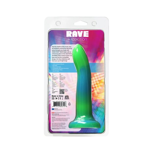 Светящийся в темноте фаллоимитатор ADDICTION Rave 8″ Glow in the Dark Dildo Blue Green, 20,3 см SO6849 фото