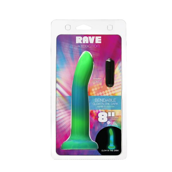 ADDICTION Rave 8″ Glow in the Dark Dildo Blue Green, 20.3cm