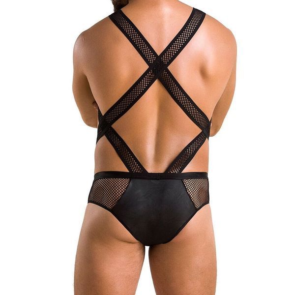 Men's erotic mesh bodysuit Passion 045 VICTOR XXL/XXXL Black, eco-leather, mesh