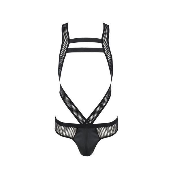 Men's erotic mesh bodysuit Passion 045 VICTOR XXL/XXXL Black, eco-leather, mesh