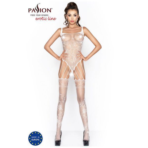 Passion BS034 white bodystocking, jumpsuit, imitation bodysuit and stockings, White