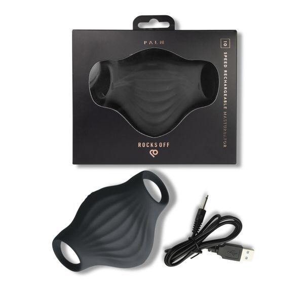 Rocks Off Palm Black Masturbator with Finger Loops and 10 Modes