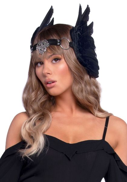 Leg Avenue Feather Headband Black, feathers and genuine leather