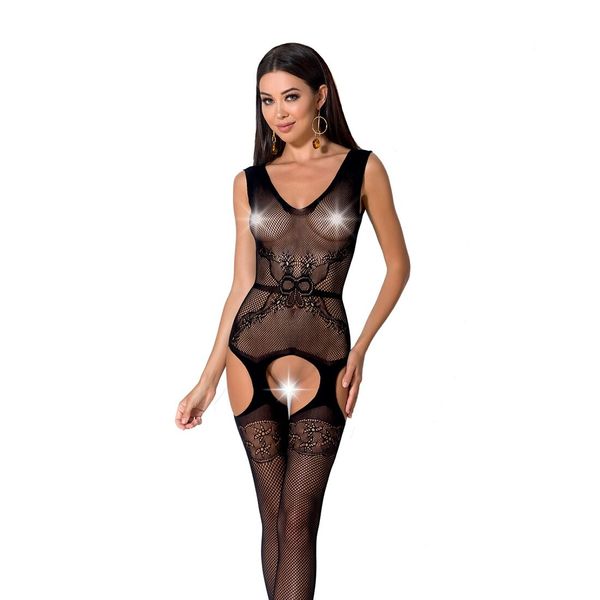 Mesh bodystocking Passion BS062 One Size, Black, jumpsuit, stocking imitation, open crotch