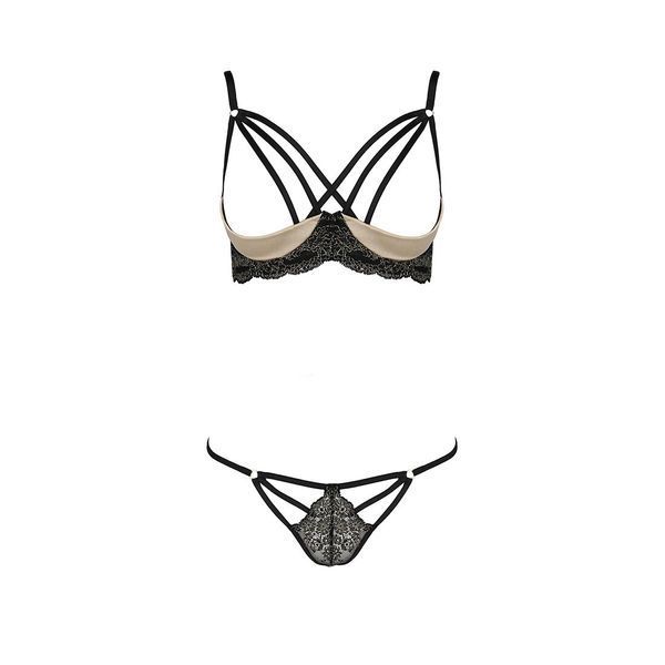 Комплект білизни Passion Exclusive VALERY SET OpenBra S/M, black, стрепи, трусики, відкритий ліф PS25105 фото