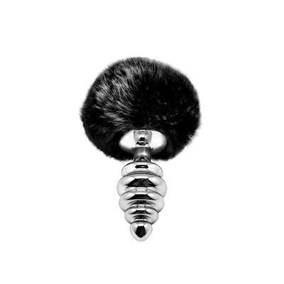 Metal anal plug with rabbit tail Alive Fluffy Twist Plug M Black, diameter 3.4 cm