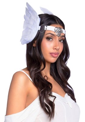 Leg Avenue Feather Headband with Wings in White, featuring feathers and genuine leather