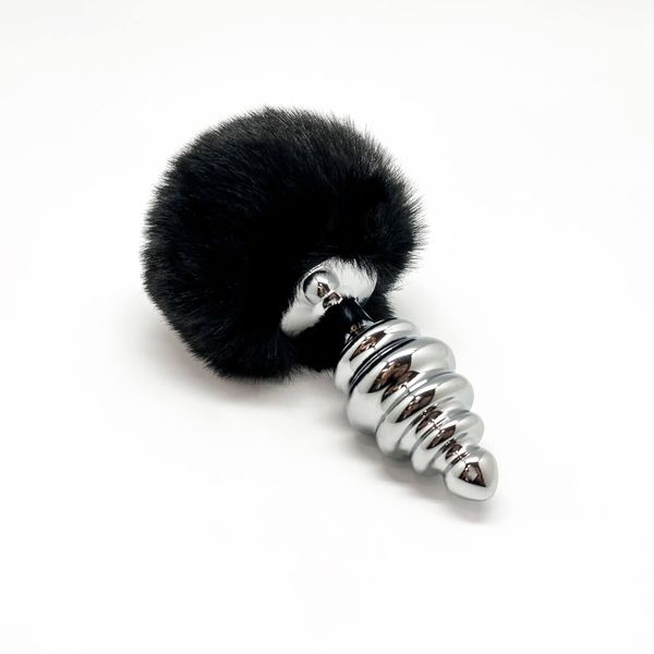 Alive Fluffy Twist Plug L Black Metal Rabbit Tail Anal Plug, diameter 3.8cm